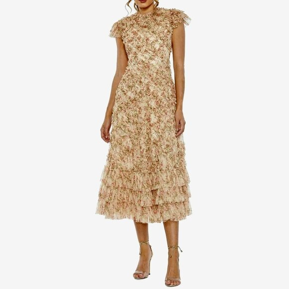 Mac Duggal - Sz 2 Beige Mulit Pink Ruffle Floral Coctail Midi Dress  $498 - Picture 1 of 10